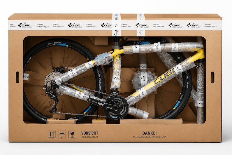 Vormontiertes Fahrrad im Versandkarton